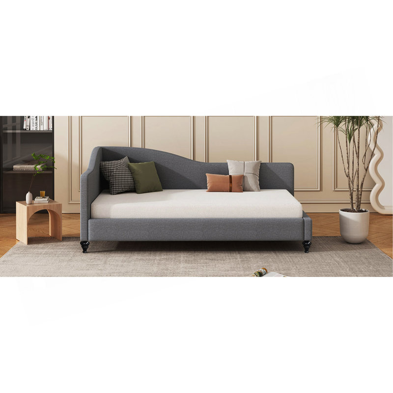 Lit de jour simple en L en forme de L avec pieds en bois massif, Grey, Twin