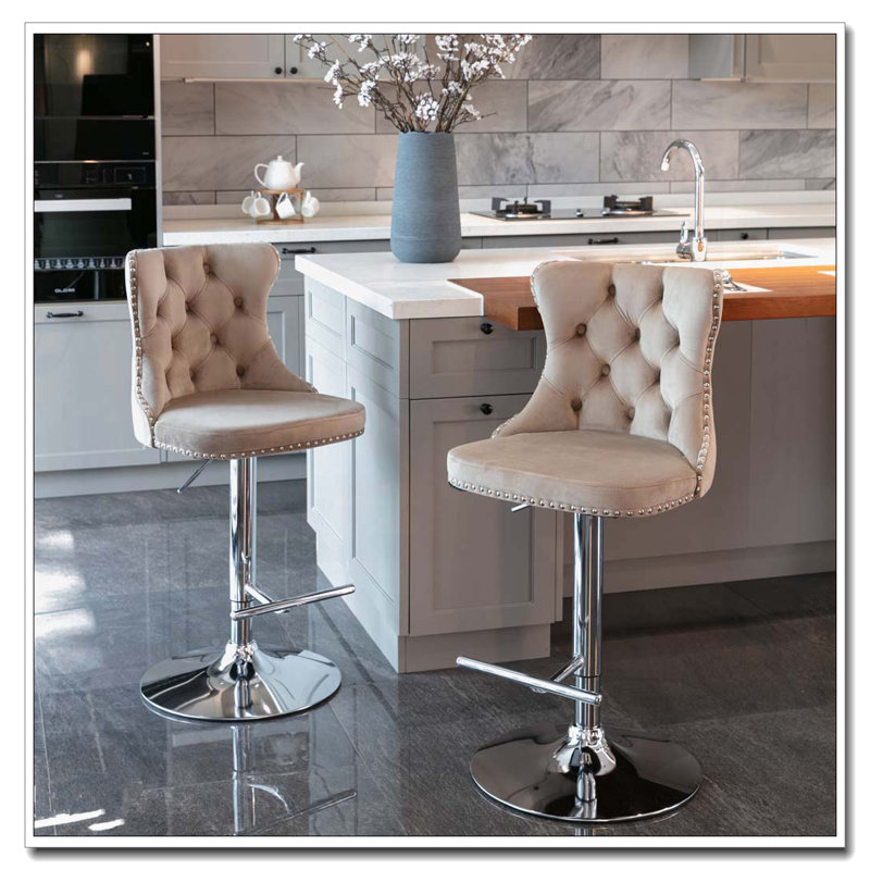 Tabourets de bar pivotants en velours à hauteur de siège réglable, Silver, Kaki
