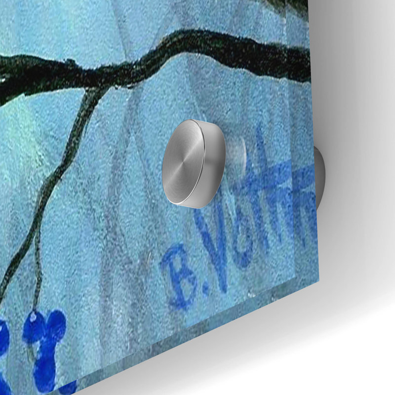 «Blue Winter Friend3» par Bridget Voth, art mural en verre acrylique, 36 po x 24 po