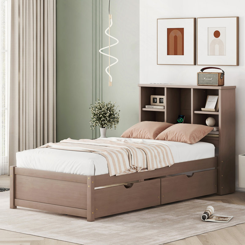 Modern Bed, Bed Frame With Built-In USB Port On Bookcase Headboard And 2 Drawers