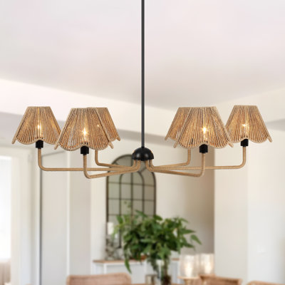 6-Light 38.98" W Boho Style Black Chandelier With Hand-Woven Rattan Shade For Kitchen Island, Dining Room, Entryway, Suitable For Sloped Roof Mounting