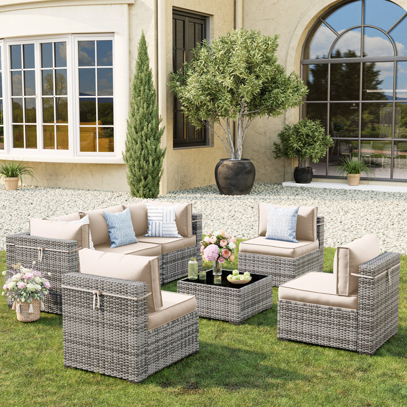 Cawanna 7-Piece Outdoor Rattan Seating Group with Cushions, No, Cream