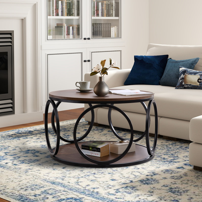 Carnforth 31.5" Round Coffee Table with 2-Tier Storage Shelves, Dark Brown Wood