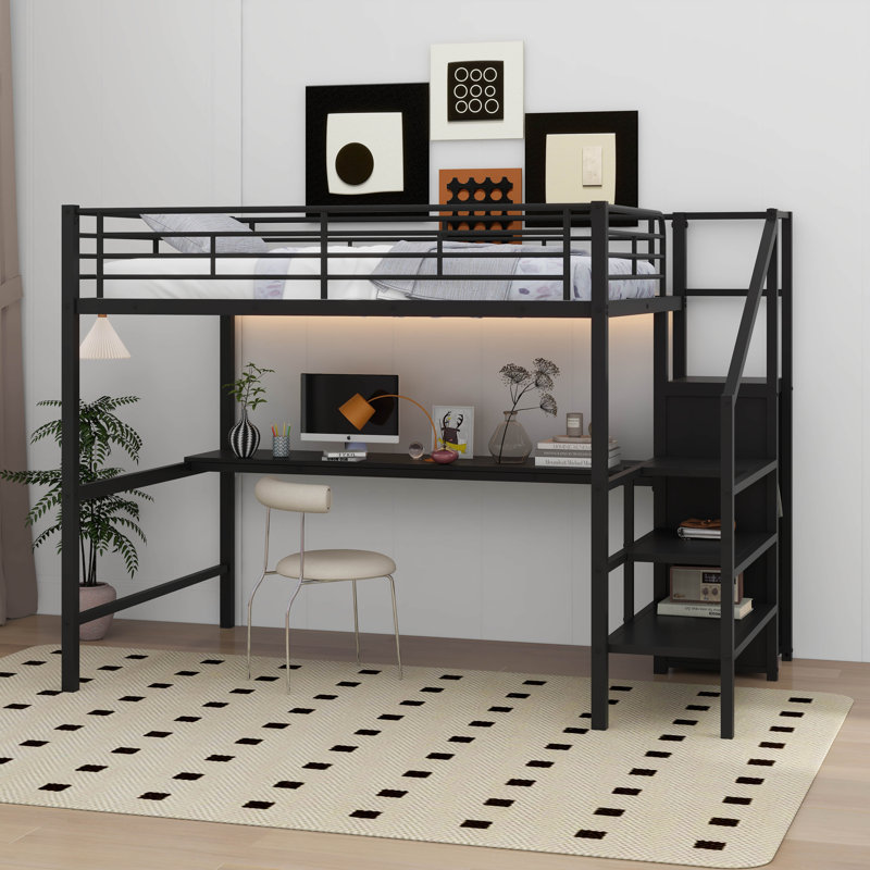 Lit mezzanine double en métal avec garde-robe et lumière DEL
