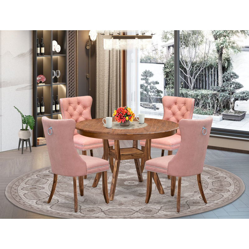 Ensemble de salle à manger 5 pièces contenant une table de salle à manger en bois et 4 chaises de salle à manger Parson en tissu de polyester beige rouge avec dossier capitonné, noyer antique