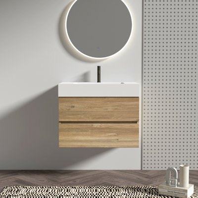 Meuble-lavabo en chêne brut avec lavabo à surface solide d'ingénierie et tiroirs souples, meuble-lavabo mural flottant pour salle de bain moderne, sans drain ni robinet, KD