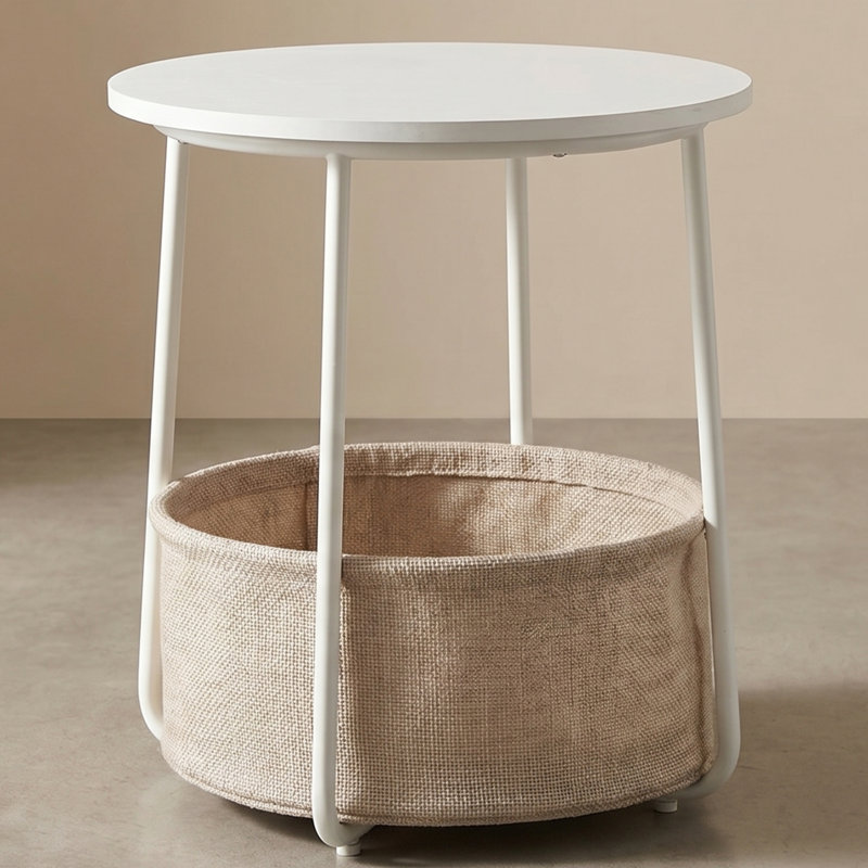 Small Round Side End Table - Modern Nightstand With Fabric Basket, Matte White And Camel Brown