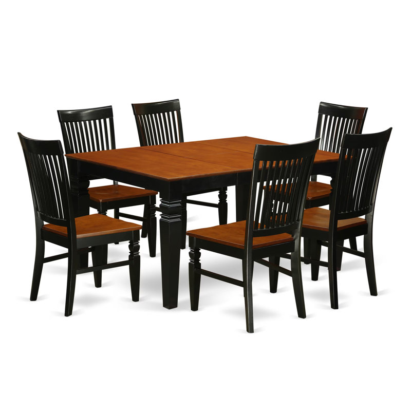 Ensemble de salle à manger moderne de 7 pièces comprenant une table rectangulaire en bois avec rallonge papillon et 6 chaises, 107 x 152 cm, noir et cerisier