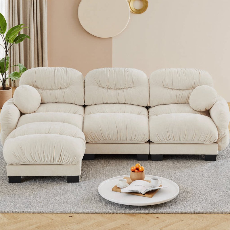 Canapé modulaire 3 places en tissu de chenille plissée, canapé modulaire en L avec repose-pieds, siège en mousse nuage haute densité, accoudoirs arrondis arrondis et 2 coussins décoratifs ronds