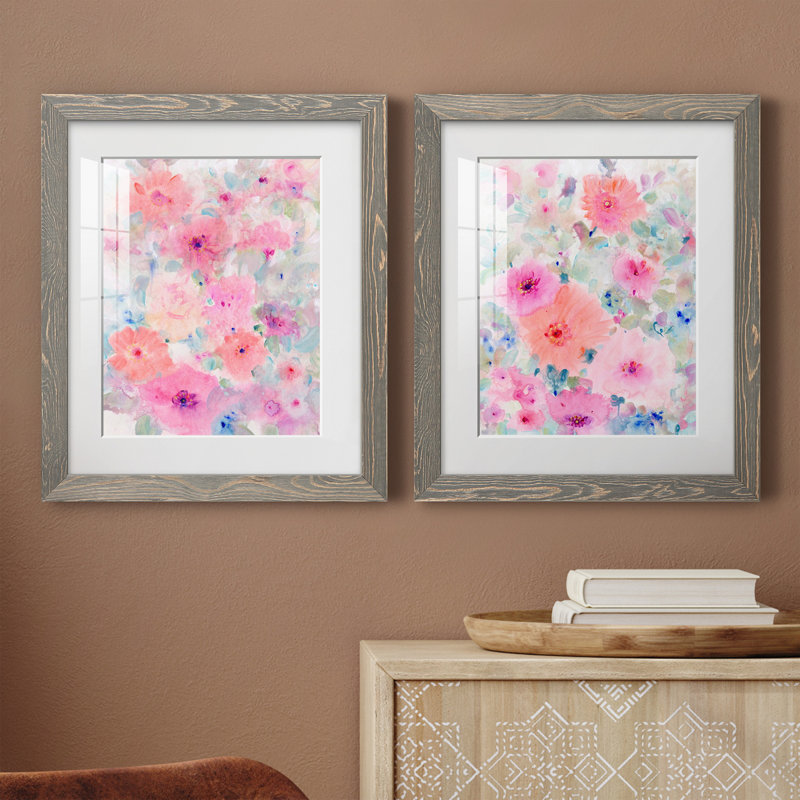 «Bright Floral Design I», ensemble de 2 reproductions d'art sur papier encadrées, Papier encadré blanc
