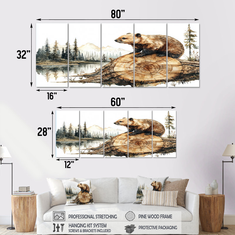 «Beaver Dam Lake In Wood Slide II», art mural Beaver, art mural moderne sur toile, H 28 po x l 60 po
