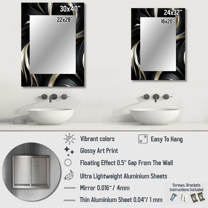 Deep Black Silver Elegance - glam  Large Mirror, Abstract Decorative Wall Mirror, Printed Metal Art, 32" x 24"