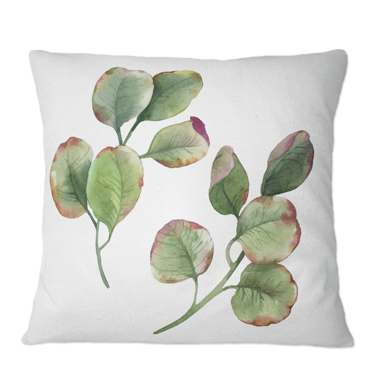 Branches vertes sur fond blanc - Coussin décoratif à imprimé traditionnel, 16 po x 16 po