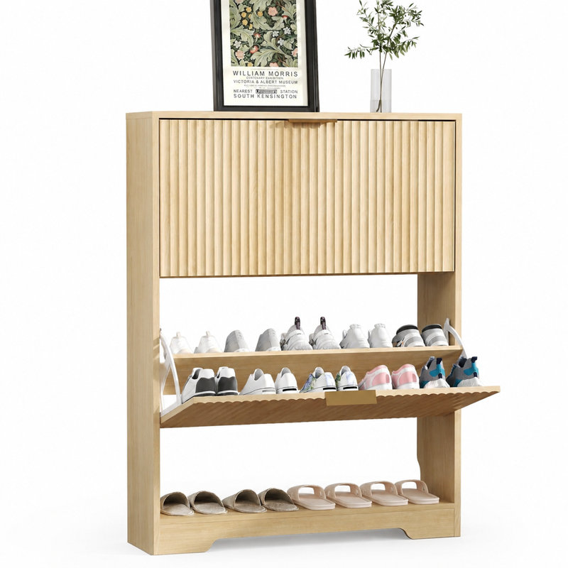 16 Pair Shoe Storage Cabinet, 19.5 cm H x 43 cm W x 110 cm D, Natural wood color