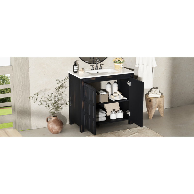 Organisateur de meuble-lavabo 36 po, lavabo en céramique, design rétro, armoire en bois massif, charnières à fermeture en douceur, organisateur de poignées dissimulées, cadre de style, portes, intérieur spacieux