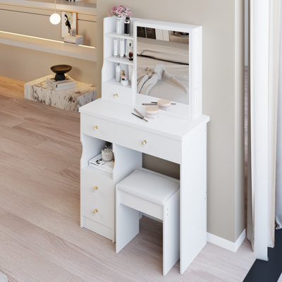 29.2" Small Size Left Drawer Desktop Vanity Table + Cushioned Stool, Extra Large Right Sliding Mirror, Multi Layer High Capacity Storage, Practical Fa by George Oliver