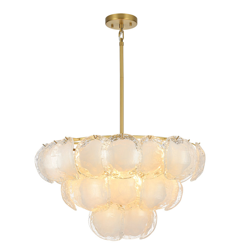Lustre moderne à 8 lumières et 3 niveaux, design unique, en verre nuageux et doré. Suspensions lumineuses., 30"