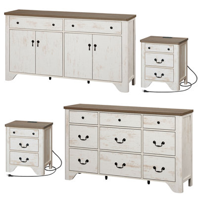 Ensemble de meubles de maison de campagne 4 pièces Haikey, ensemble de table de chevet en bois de 2 avec station de charge, commode à 9 tiroirs, armoire de 59 po de large avec 4 portes et 2 tiroirs pour la chambre à coucher, le salon, le couloir et la 