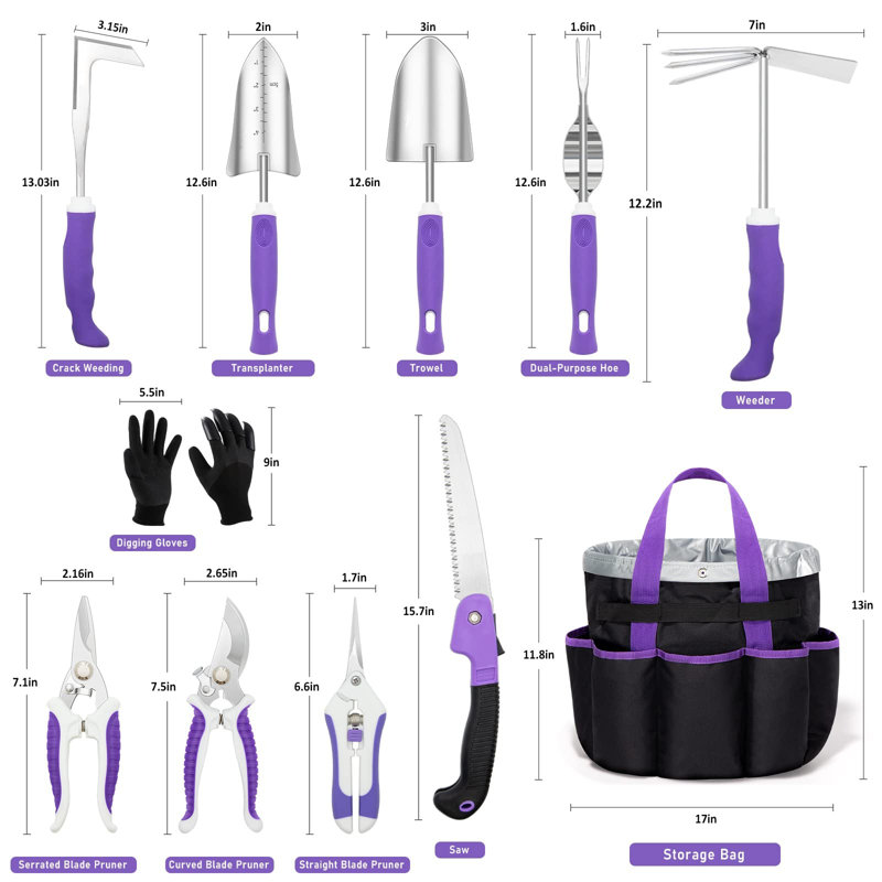 TULGIX Purple Garden Tool Set 11PCS with Detachable Storage Bag