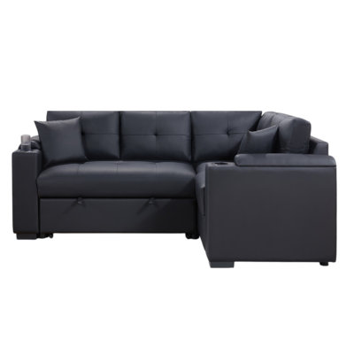 Nov Sectional Sleeper Sofa, 2 Pillows, USB Charger, Black Faux Leather