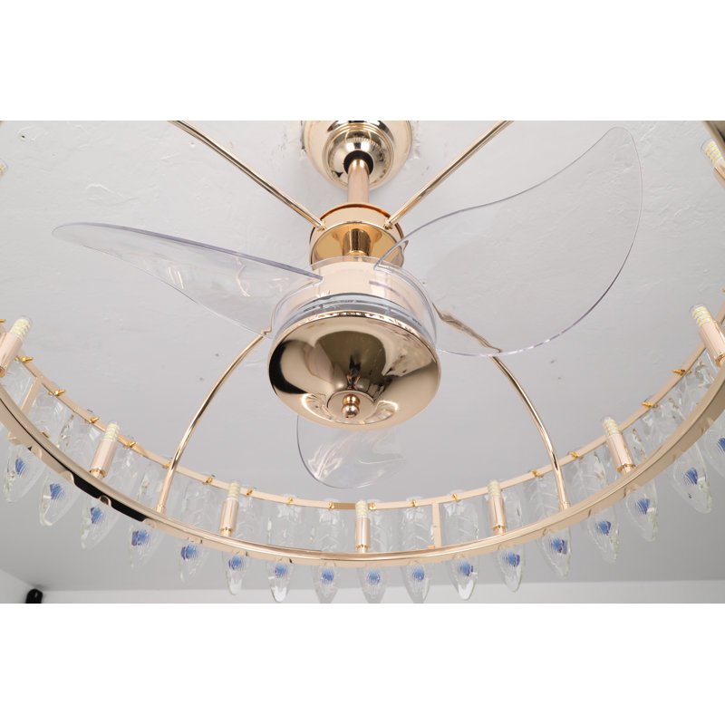 Ventilateur de plafond à cage dorée avec lumière, télécommande et cristal d'érable, 20"