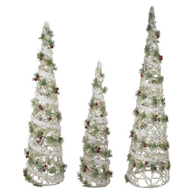 Set of 3 Lighted White Berry and Pine Needle Cone Tree Christmas Decorations -  Northlight Seasonal, NORTHLIGHT H90547