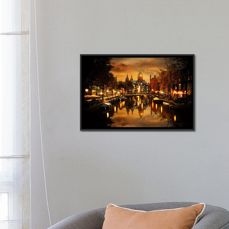 " Amsterdam IV " by Enzo Romano, 18" H x 26" W x 1.5" D, Black Framed Canvas, No Mat