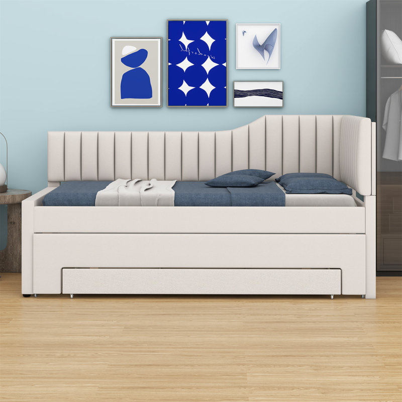 Upholstered Daybed With Trundle And Three Drawers, Beige, Full
