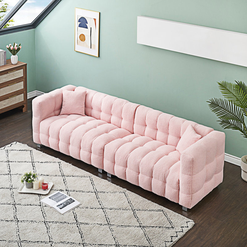 Upholstered Sofa, Pink Polyester Blend, 28" H x 102" W x 29" D