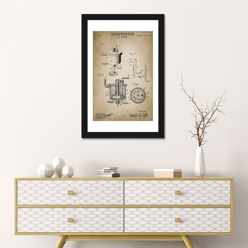 «Ford« Carbureter », impression sur toile, H 24 po x l 16 po x P 1 po, Papier beaux-arts encadré noir, Blanc