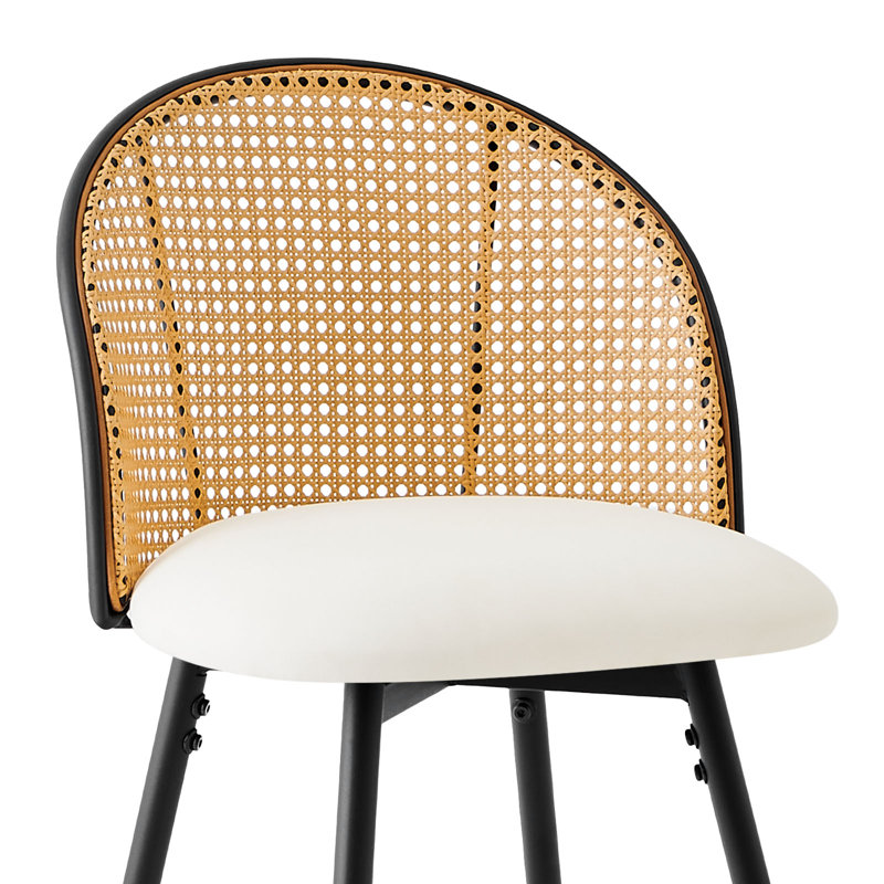 Natural Rattan and White Leather Swivel Counter Stools, Set of 3