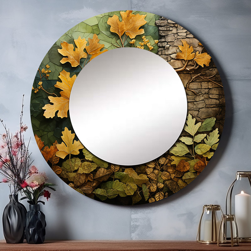 Green Oak Tree Whispers Of History IV - Oak Large Mirror, Traditional Round Decorative Wall Mirror, Printed Metal Art