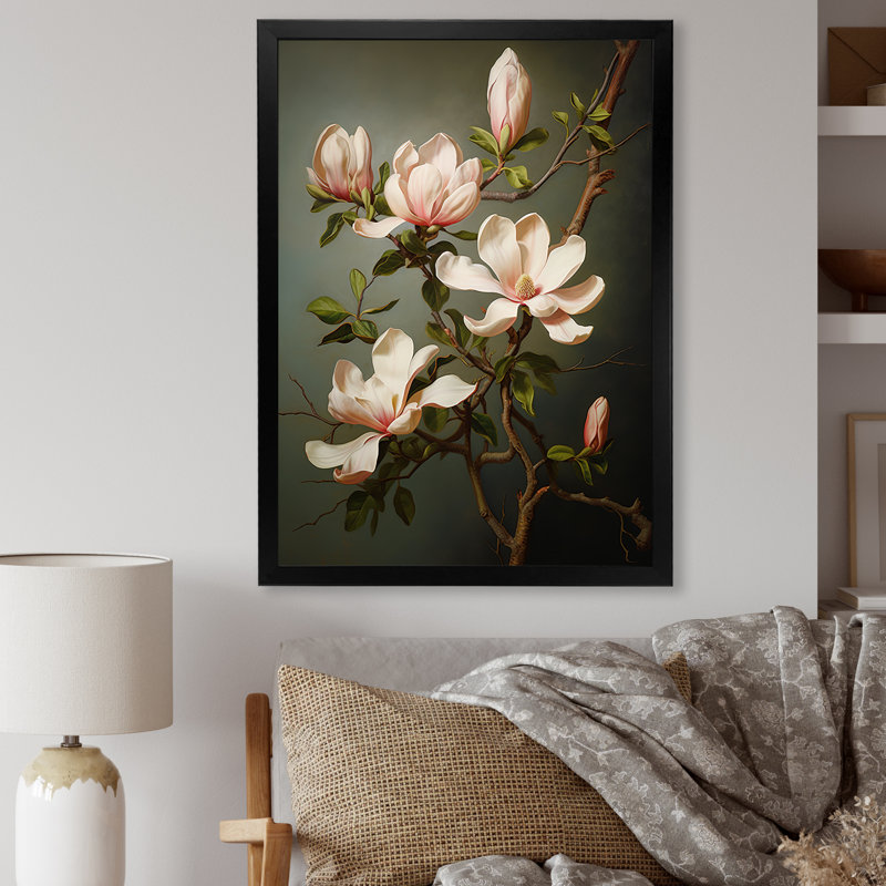 Magnolias méditation sur toile, Cadre photo noir simple, H 32 po x l 24 po x P 1 po