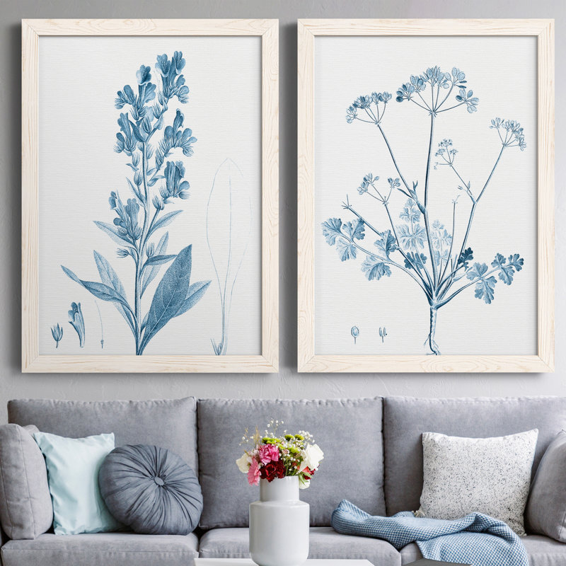 "Antique Botanical In Blue III", ensemble de 2 peintures sur toile encadrées, H 43,5 po x l 31,5 po x P 1 po