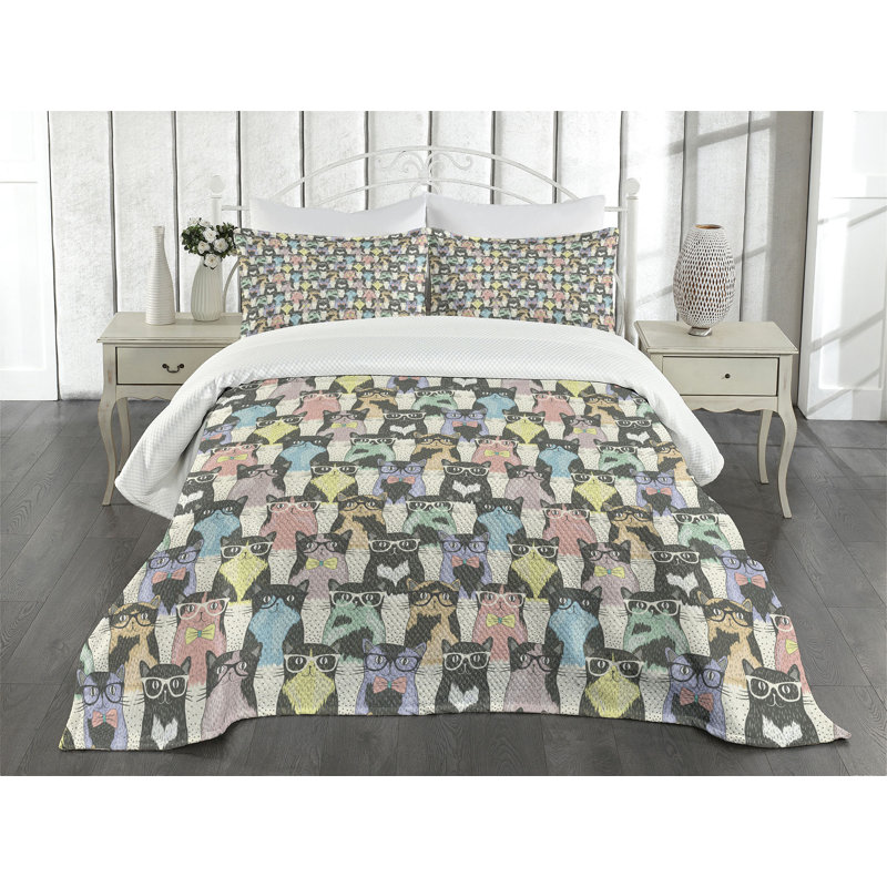 Ambesonne Ambesonne Cat Bedspread Set Hipster Cats with Glasses Multicolor