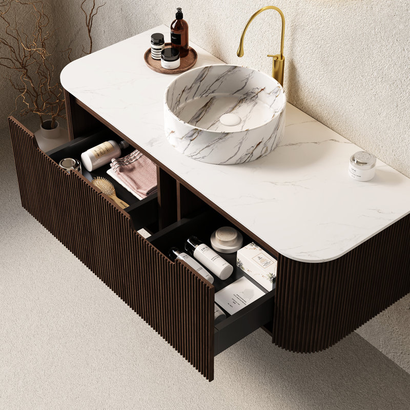 Meuble-lavabo rond blanc en céramique 48 po, armoire avec 2 tiroirs, finition noyer foncé, système de fermeture en douceur, comptoir facile à installer, système