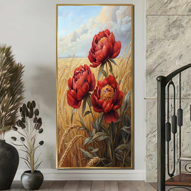 Pivoines rouges dans le champ de céréales I - décoration murale pivoines, H 60 po x l 28 po, Reproduction avec cadre flottant