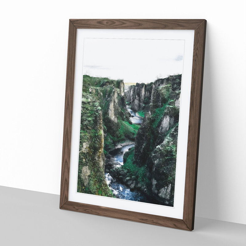 Mountain Canyon in Iceland - Picture Frame Painting, 36cm H x 27cm W x 2cm D, Walnut Framed