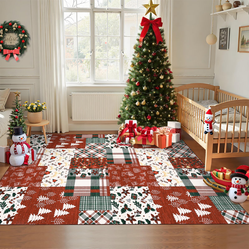 Patchwork Christmas Area Rug, Soft Low-Pile Non-Slip Holiday Rug, 160*230cm
