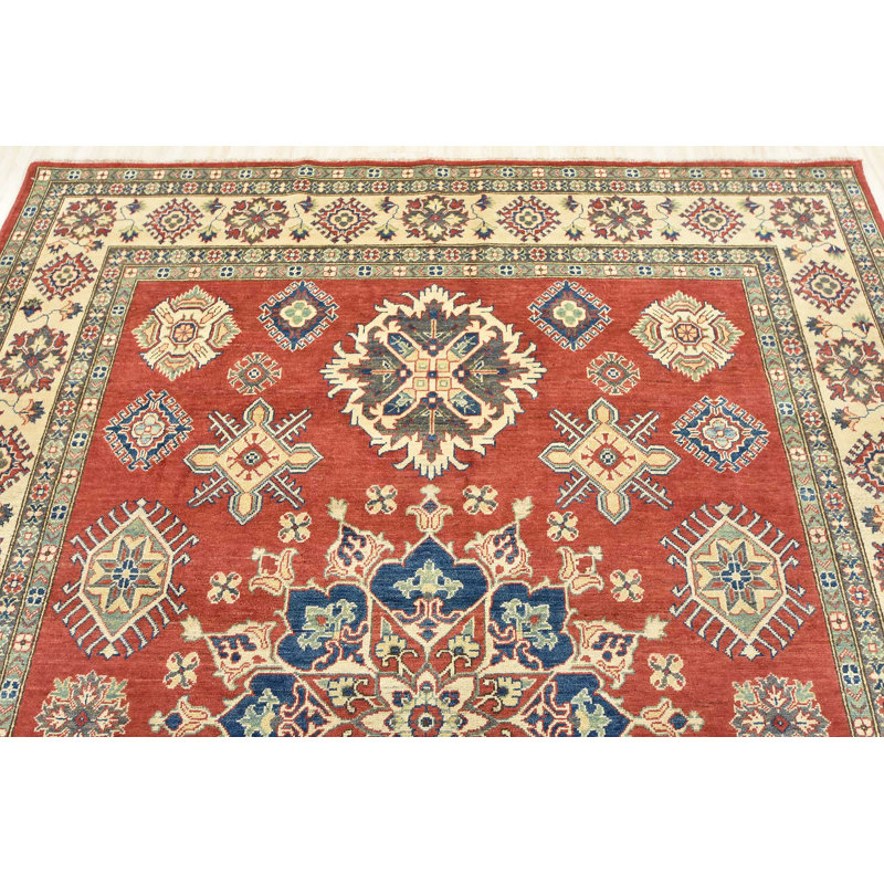 Tapis rouge en laine noué à la main de conception unique 8 pi 4 po x 10 pi Gaard