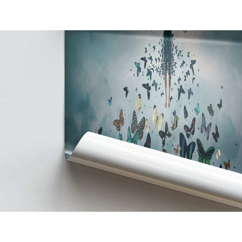 Modern Abstract Art Canvas Featuring a Woman Surrounded by Butterflies Wall Decor Gift, 39" H x 93" W, Black Floater Framed