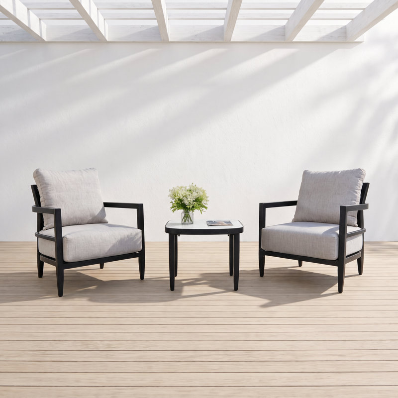 Ensemble de conversation de patio 3 pièces - chaises club Sunbrella + table d'appoint en marbre fritté marbre blanc grec, structure en aluminium