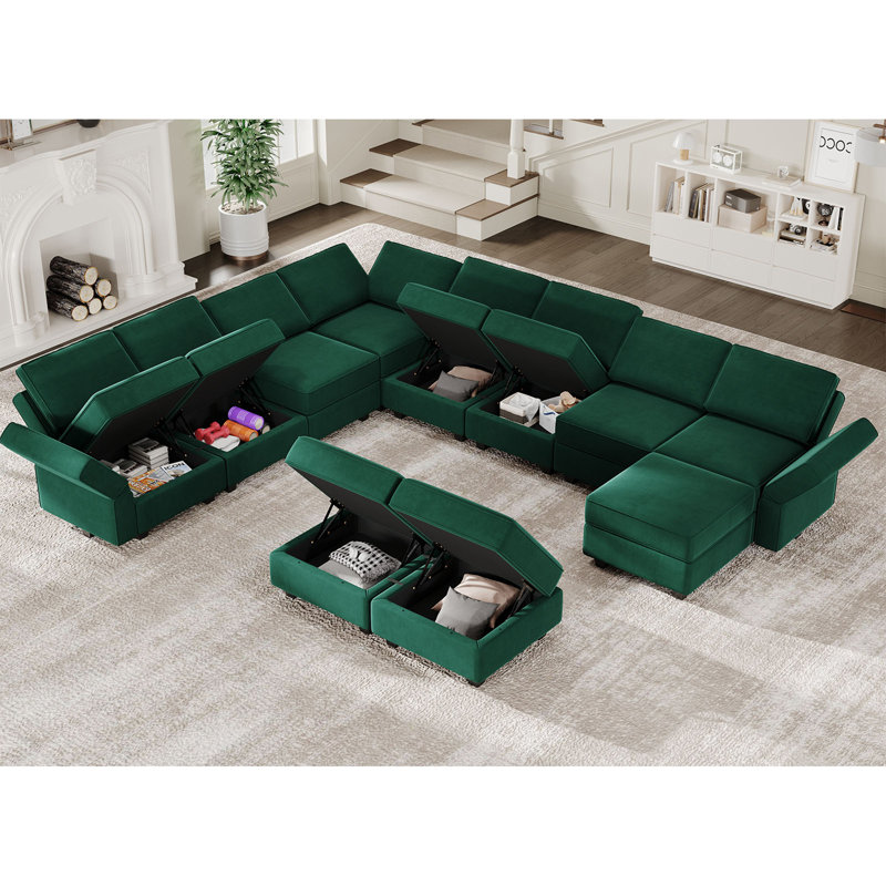 Wylodene 143" W Velvet Modular Sectional Sofa, Green Velvet
