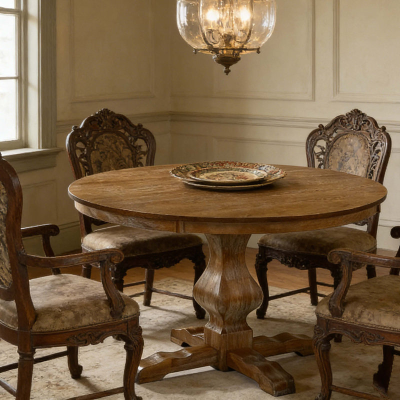 Round Pedestal Dining Table, Natural Solid Wood & MDF Construction With Pedestal Base, Rustic Farmhouse Style For Dining Room