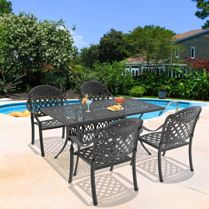 5-Piece 58.27"L Rectangular Patio Dining Set with Umbrella Hole, 4 Stackable Chairs, Red Cushions, 4