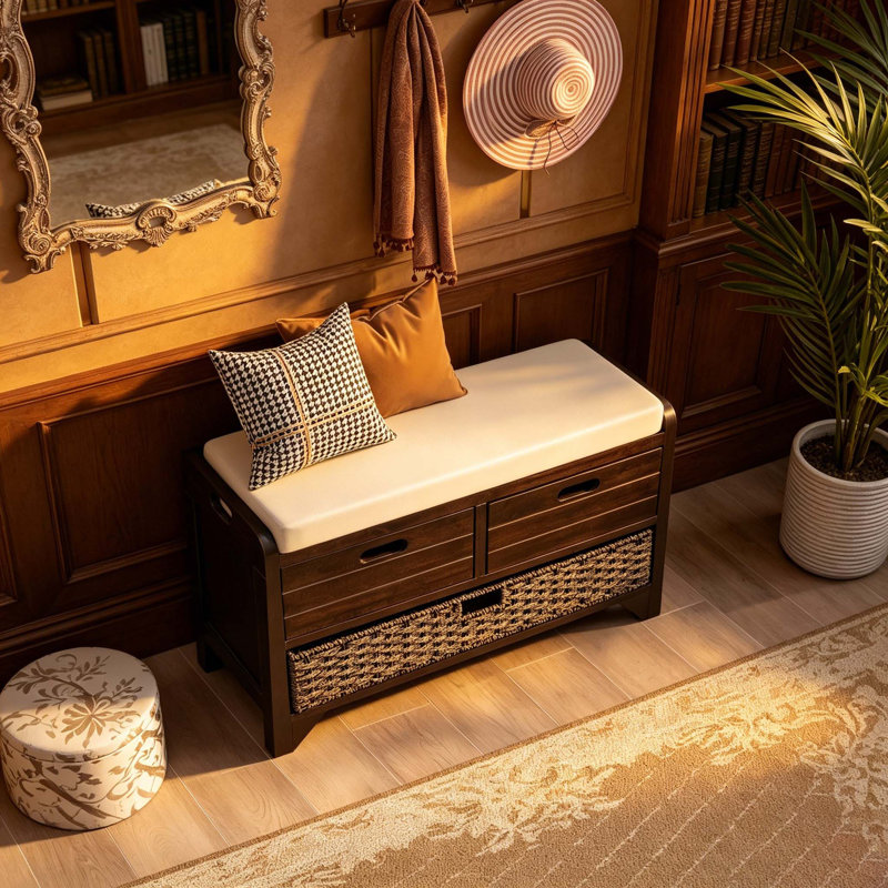 Banc de rangement avec panier amovible et 2 tiroirs, banc à chaussures entièrement assemblé avec coussin amovible, Espresso