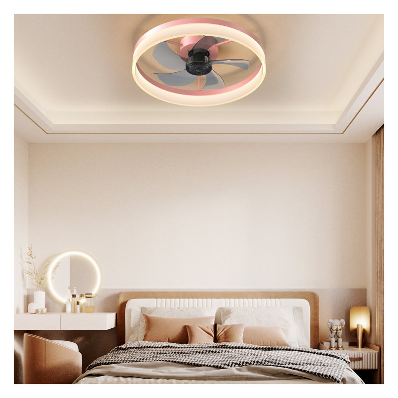 Ventilateur de plafond rose moderne avec éclairage à DEL à intensité variable - Conception encastrée mince, ventilateur de télécommande 3 températures à température ambiante pour le salon de la chambre à coucher