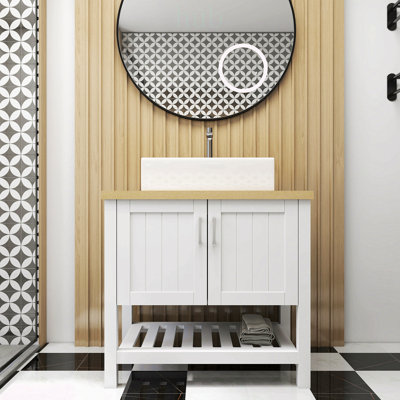 Meuble-lavabo de salle de bain en bois massif de 81 cm (32 pouces) avec lavabo, un seul meuble et une tablette ouverte pour salles de bain modernes.