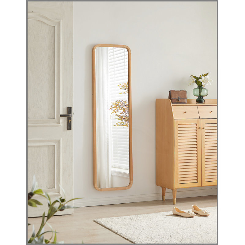 Solid Beech Wood Full Length Mirror, Freestanding Floor Mirror with Stand, Natural Wood Frame Body Mirror for Bedroom Living Room, 2-in-1 Wall Mounted Dressing Mirror