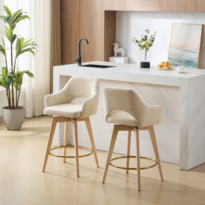 Lovetro Swivel Full Back Linen Upholstered 26.8"H Counter Stool with Solid Wood Frame and Arms